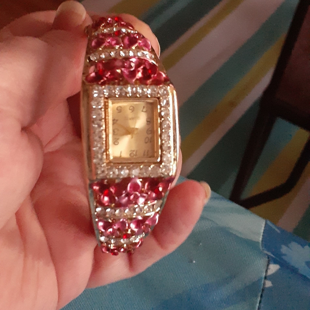 Pink flowers with bling bling cuff watch
